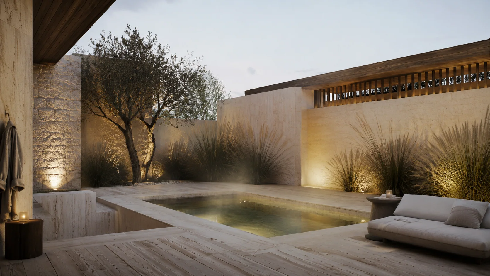 Travertine outdoor bathing courtyard at dusk