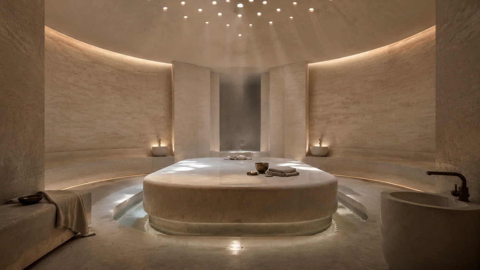 Sculptural circular stone hammam with delicate steam