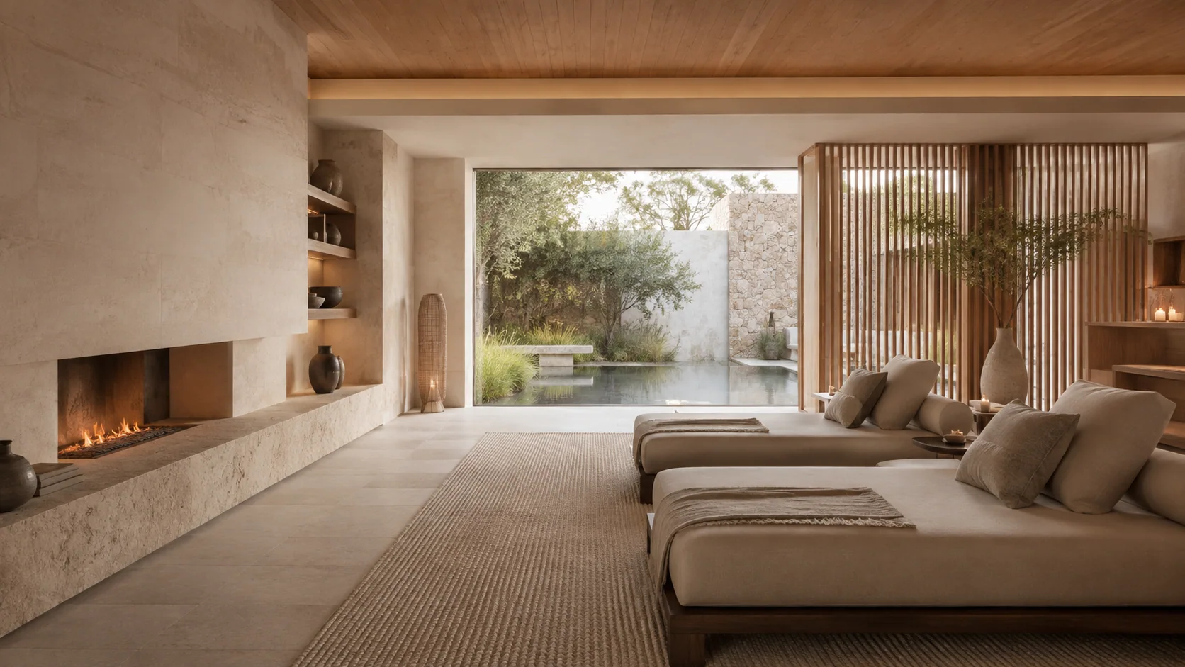 Quiet spa lounge opening to a garden