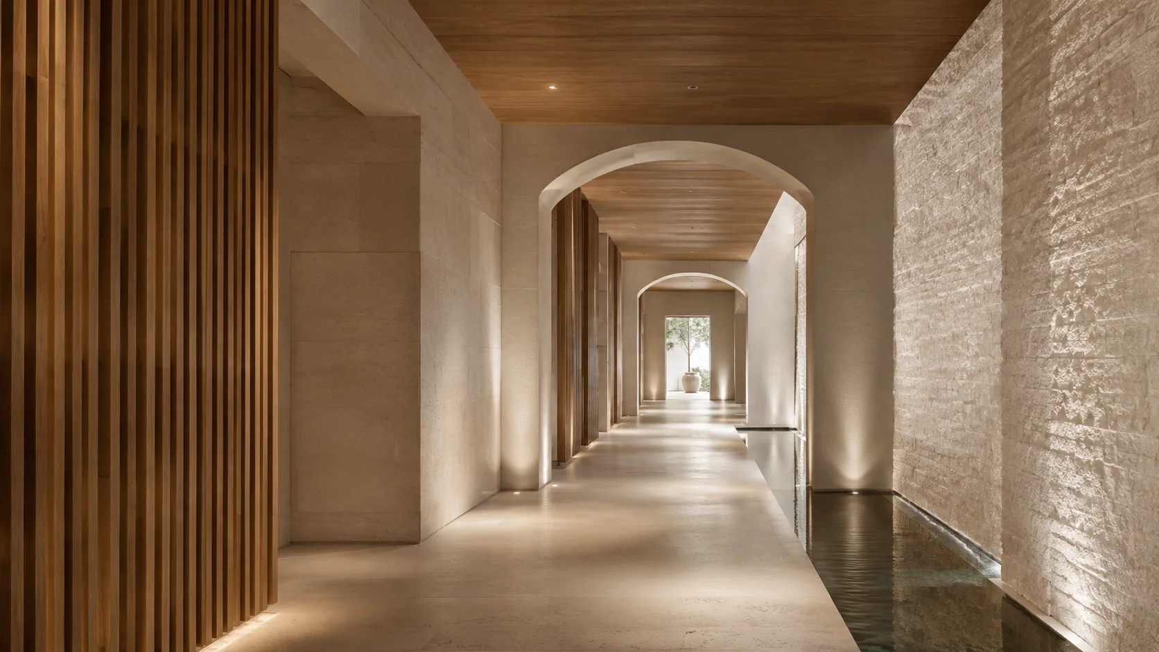 Limestone and oak circulation gallery with concealed light
