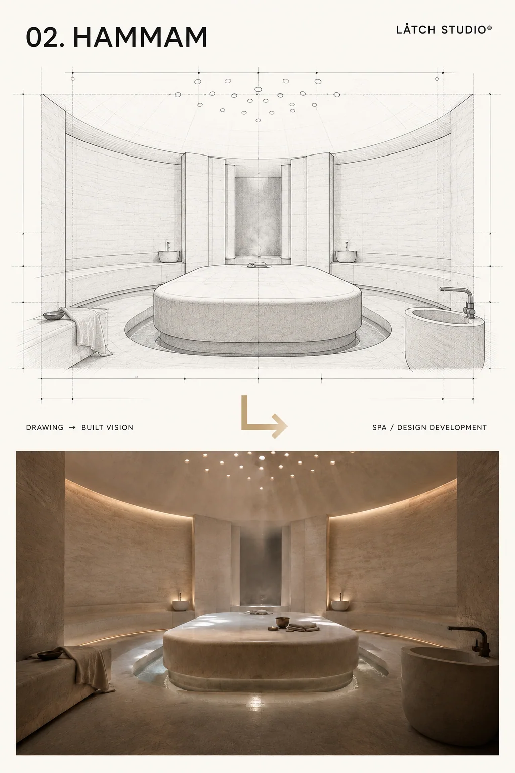Hammam architectural drawing paired with finished render