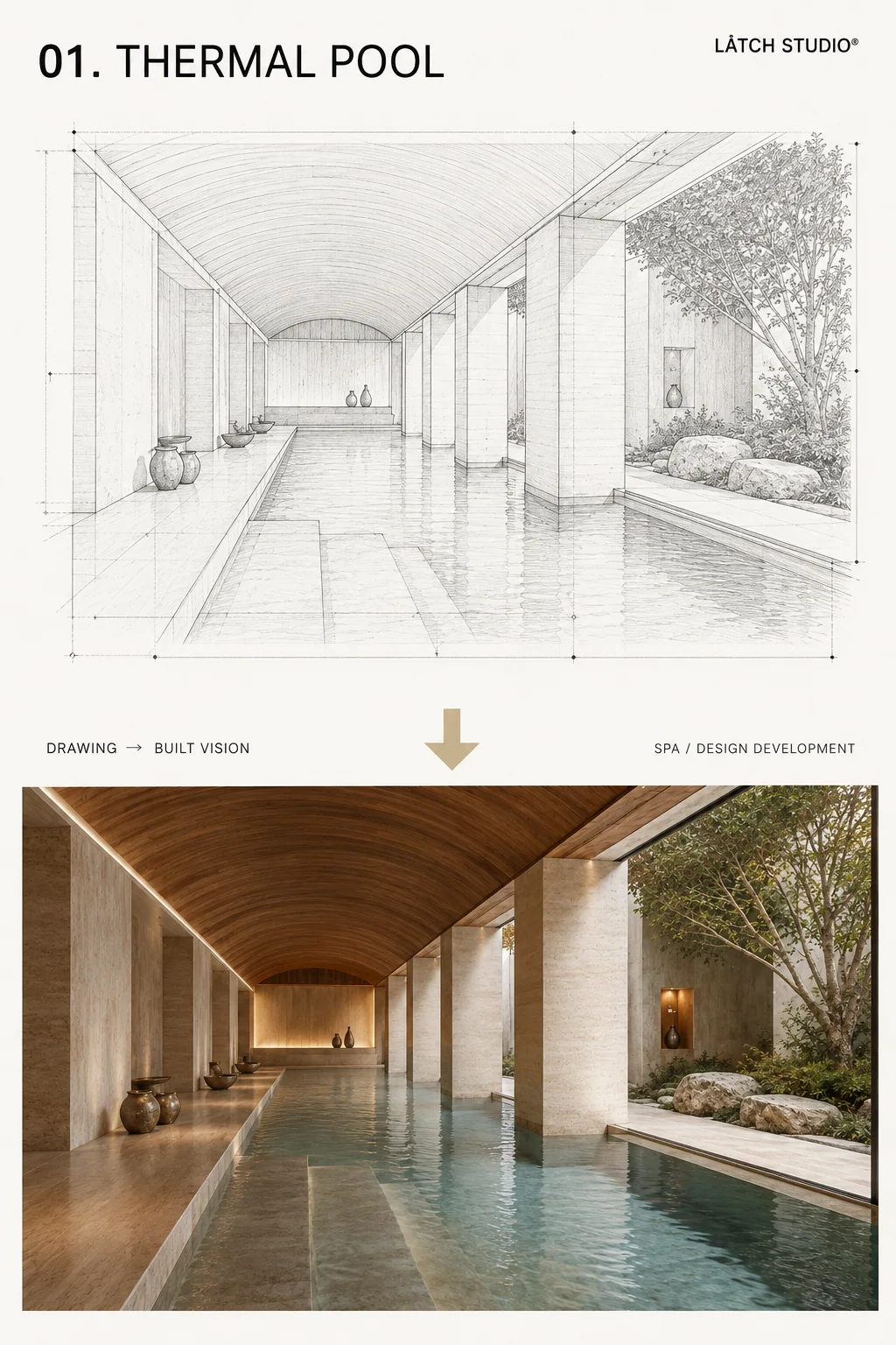 Thermal pool architectural drawing paired with finished render