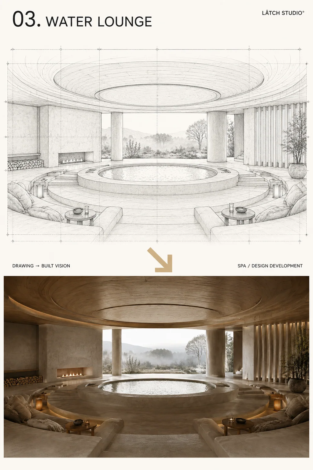 Water lounge architectural drawing paired with finished render