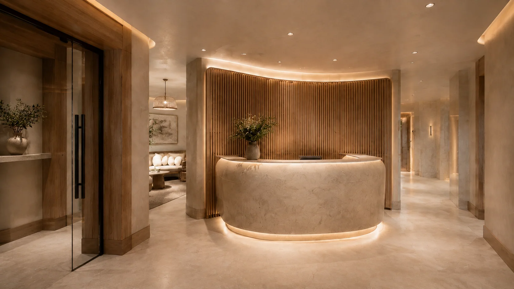 Room 101, curved honed limestone reception desk