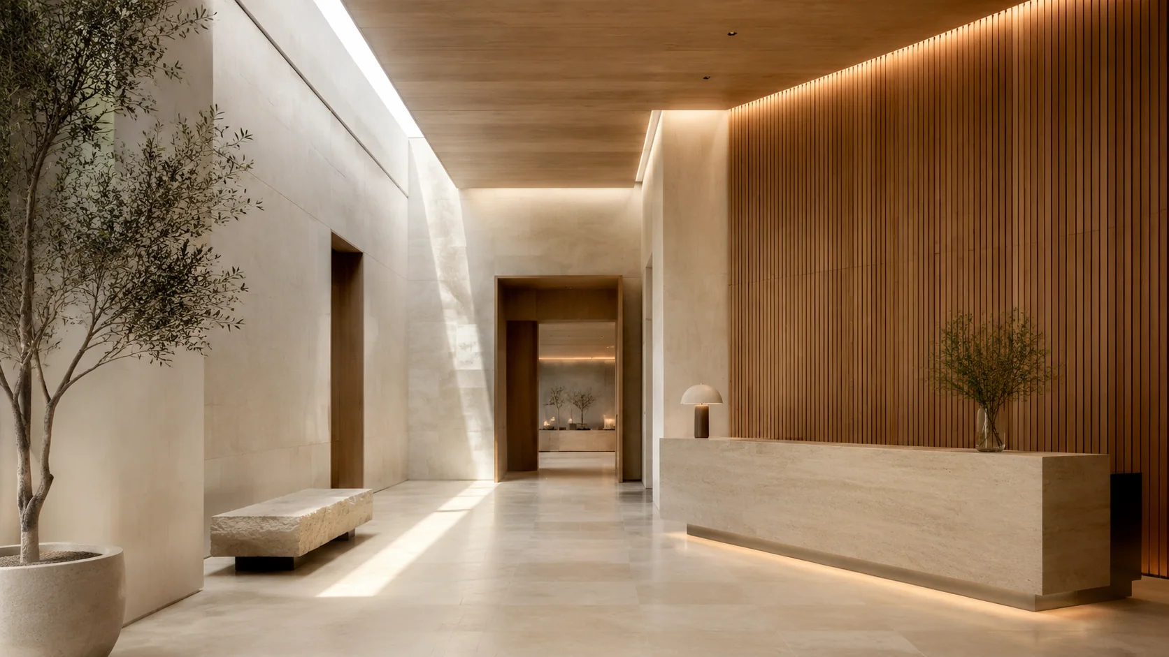 Monumental travertine spa reception and circulation