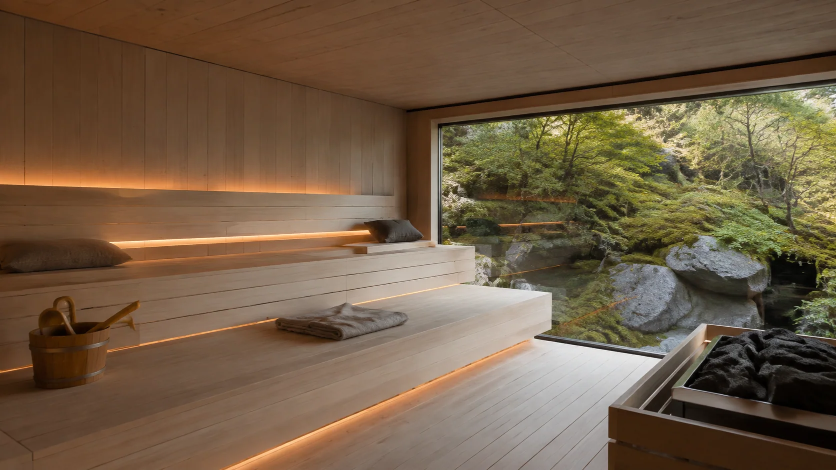 Warm timber sauna overlooking a moss garden