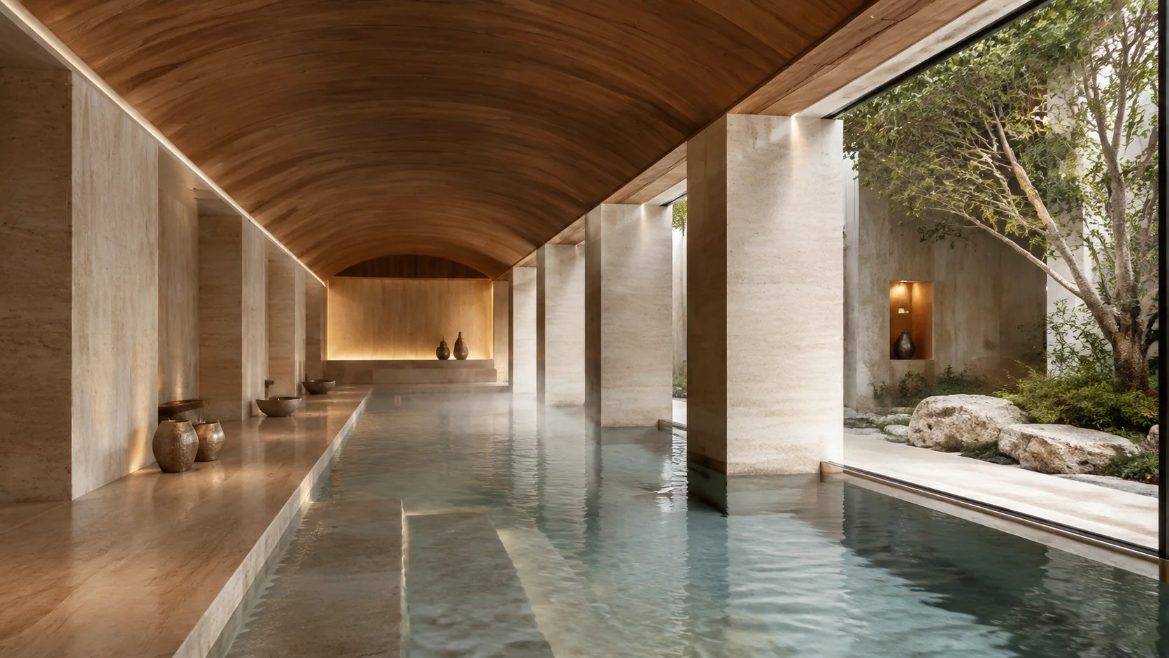 Long limestone thermal pool beside a quiet garden