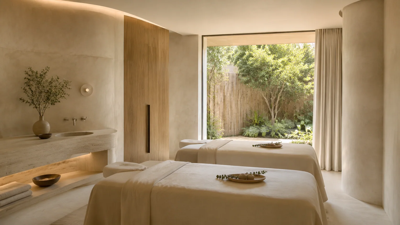 Ivory stone treatment suite opening to a private garden