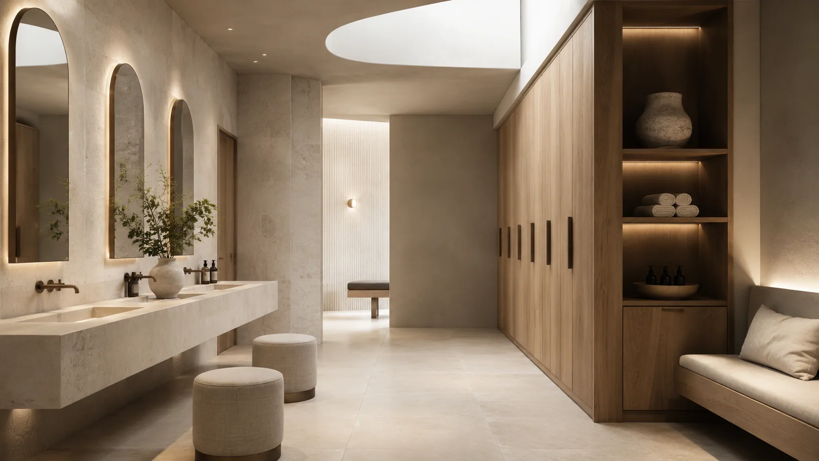 Limestone vanity and oak changing room joinery