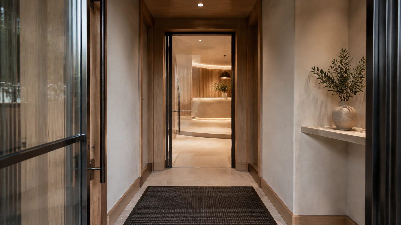 Room 100, serene limestone arrival vestibule