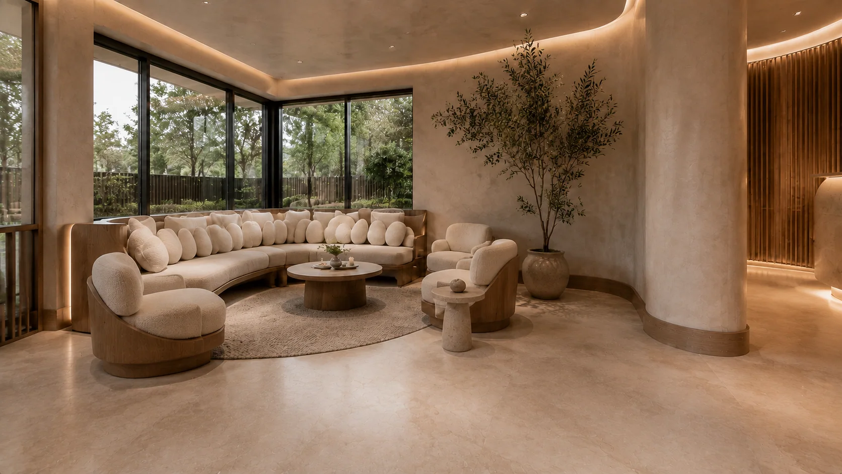 Room 102, waiting lounge with soft seating and garden views
