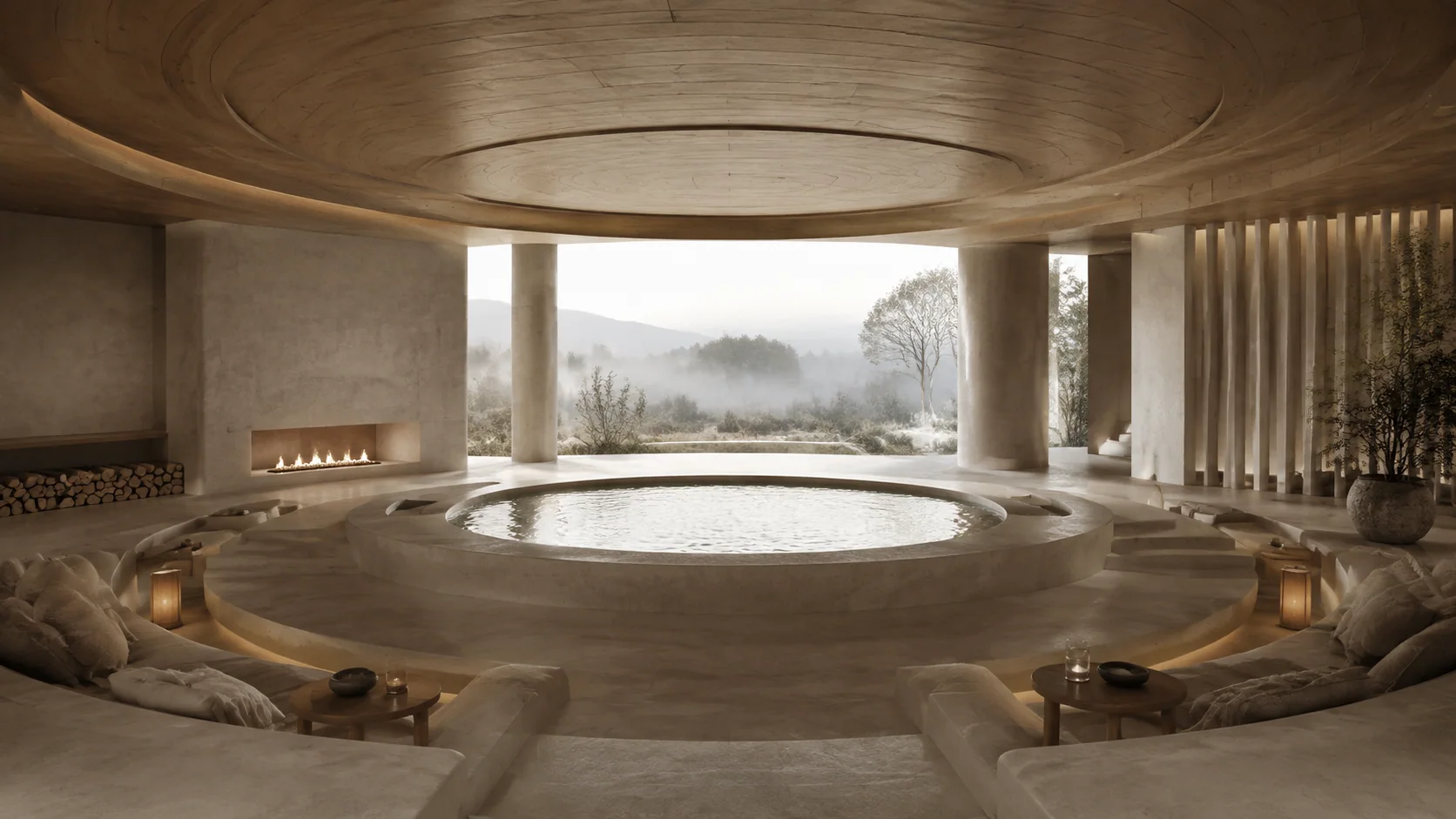 Circular stone water lounge opening toward a misty South African landscape